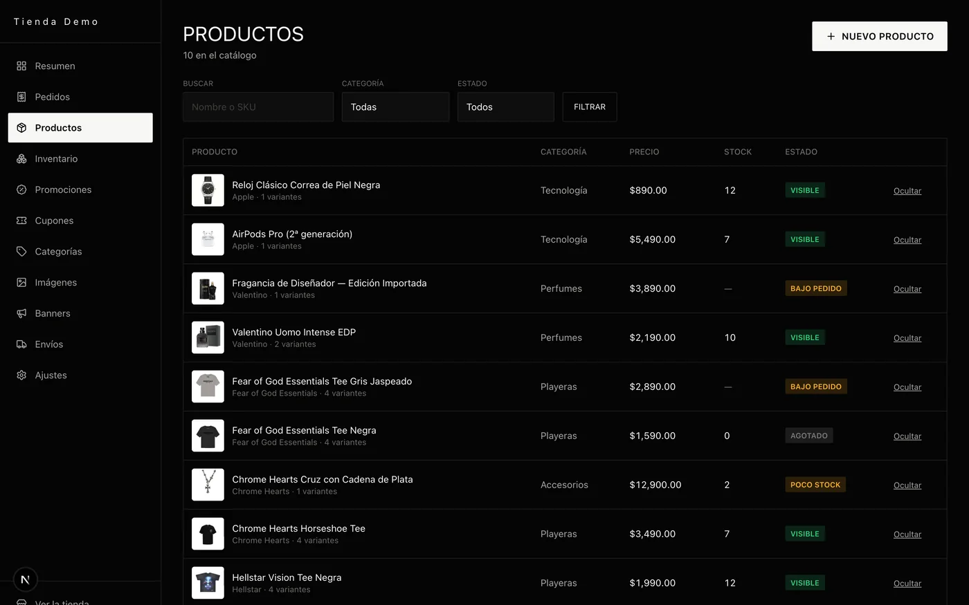 Catálogo de productos con foto, categoría, precio, existencia y estado: visible, bajo pedido, poco stock o agotado.