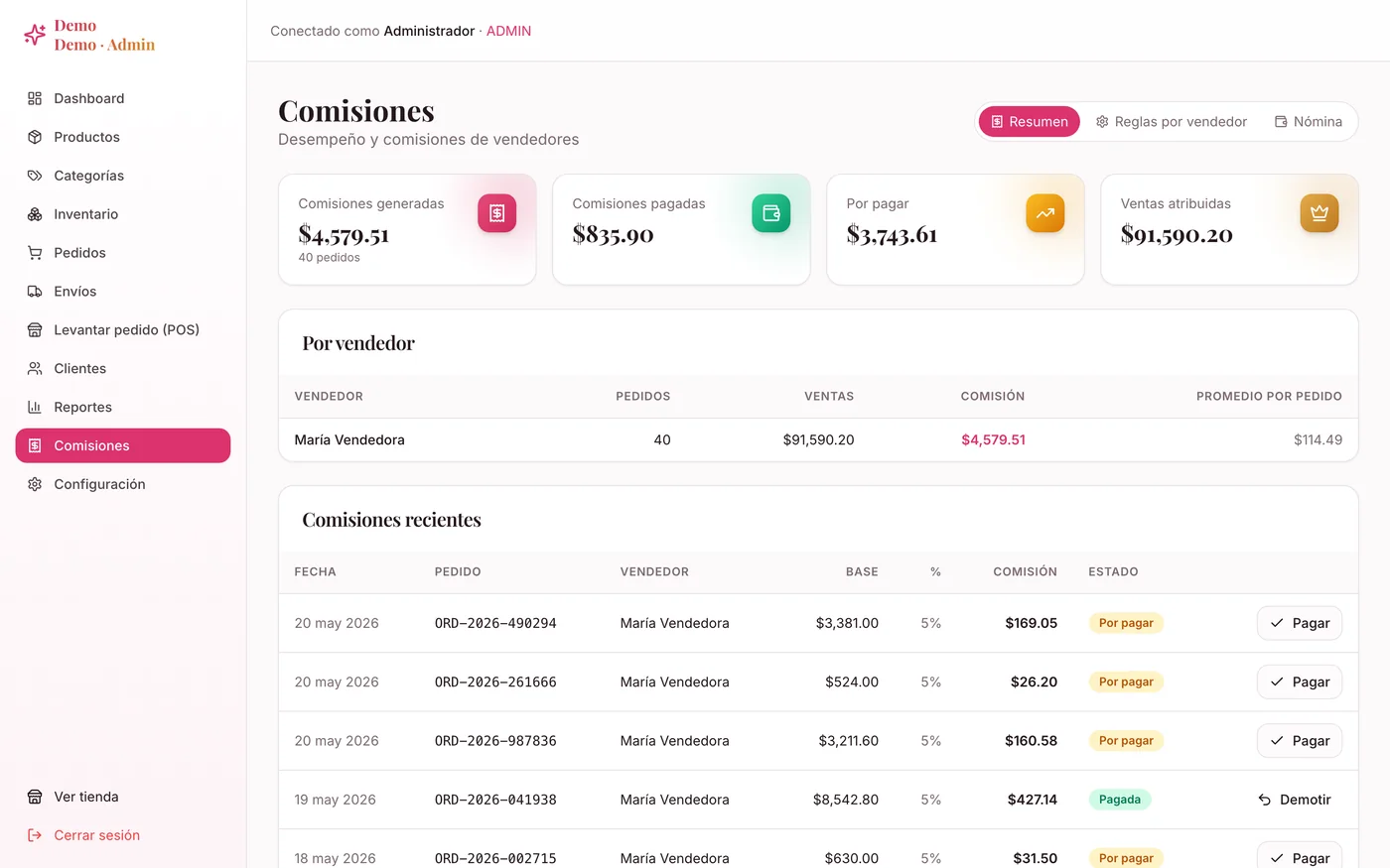 Comisiones por vendedor: generadas, pagadas y por pagar, con las ventas atribuidas y el detalle de cada comisión con su porcentaje y estado.
